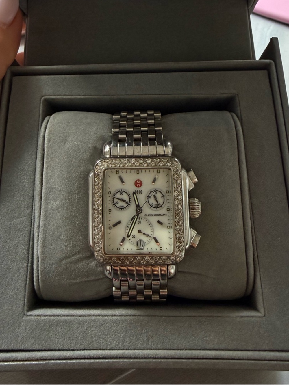 Deco Style Rectangular Watch Silver Tone | Crystal Bezel | Chronograph Style
